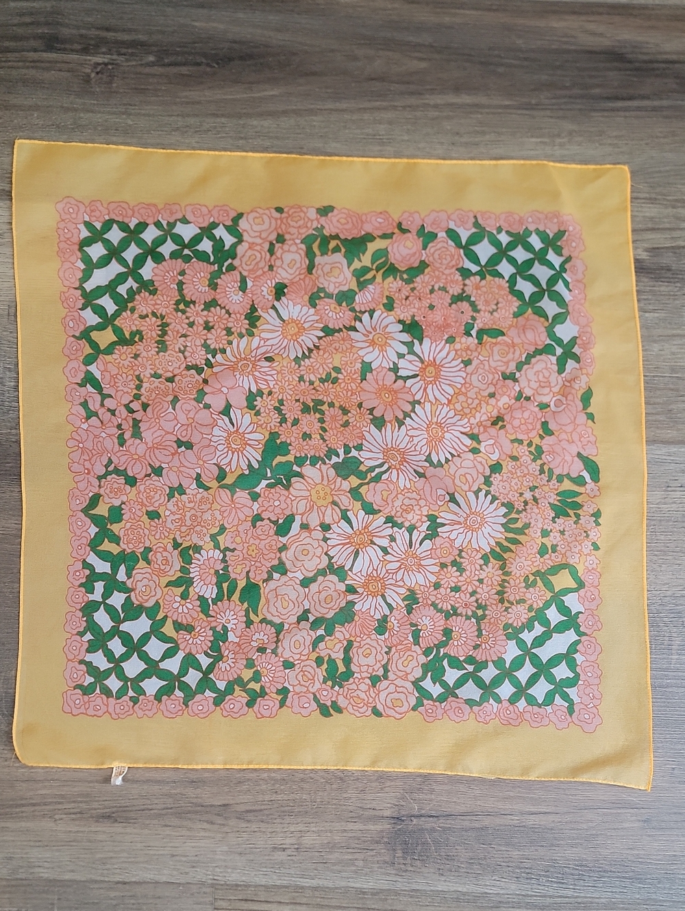 Vintage Yellow Floral Square Scarf with Pink and Green Bouquet 24" X 24"